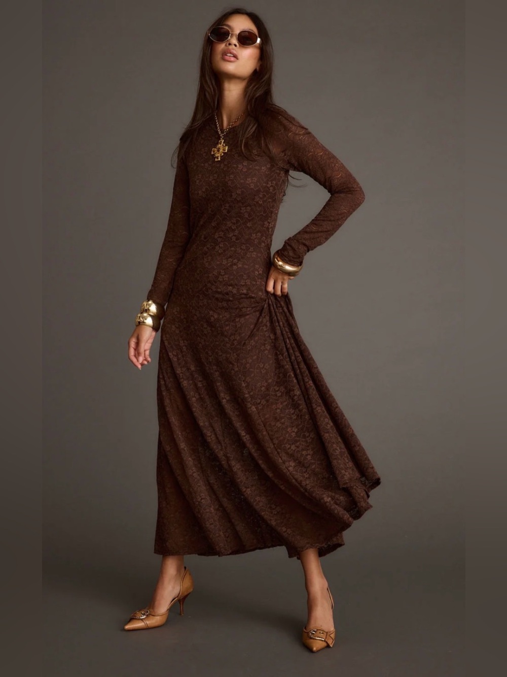 12th Tribe Tierra Brown Lace Long Sleeve Maxi Dress Size SMALL